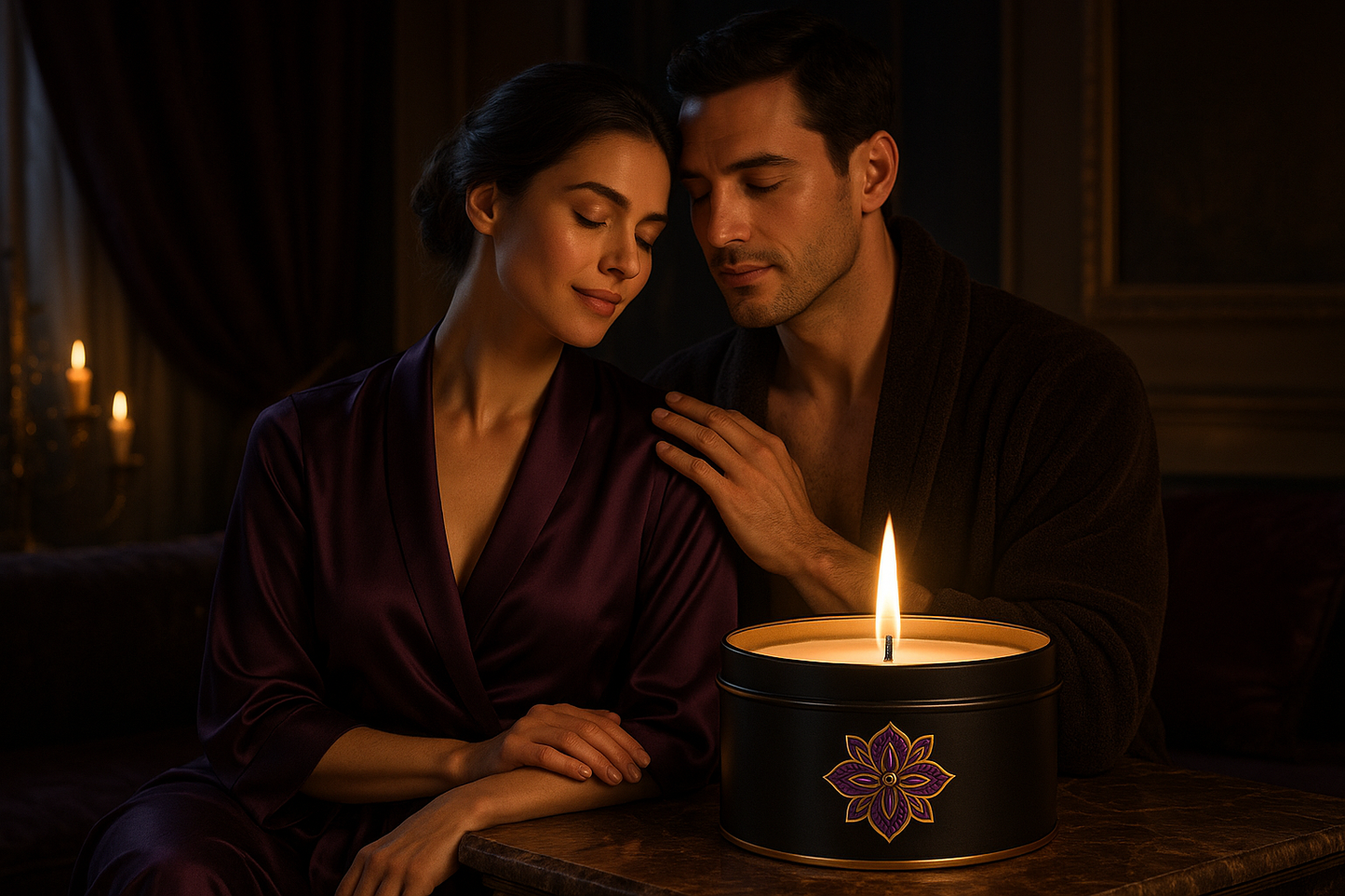 Please create a couple using Cynthia's Secret Garden GoldenTemple Shea Massage candle in a black tin with an african purple and gold glower logo Please make it classy