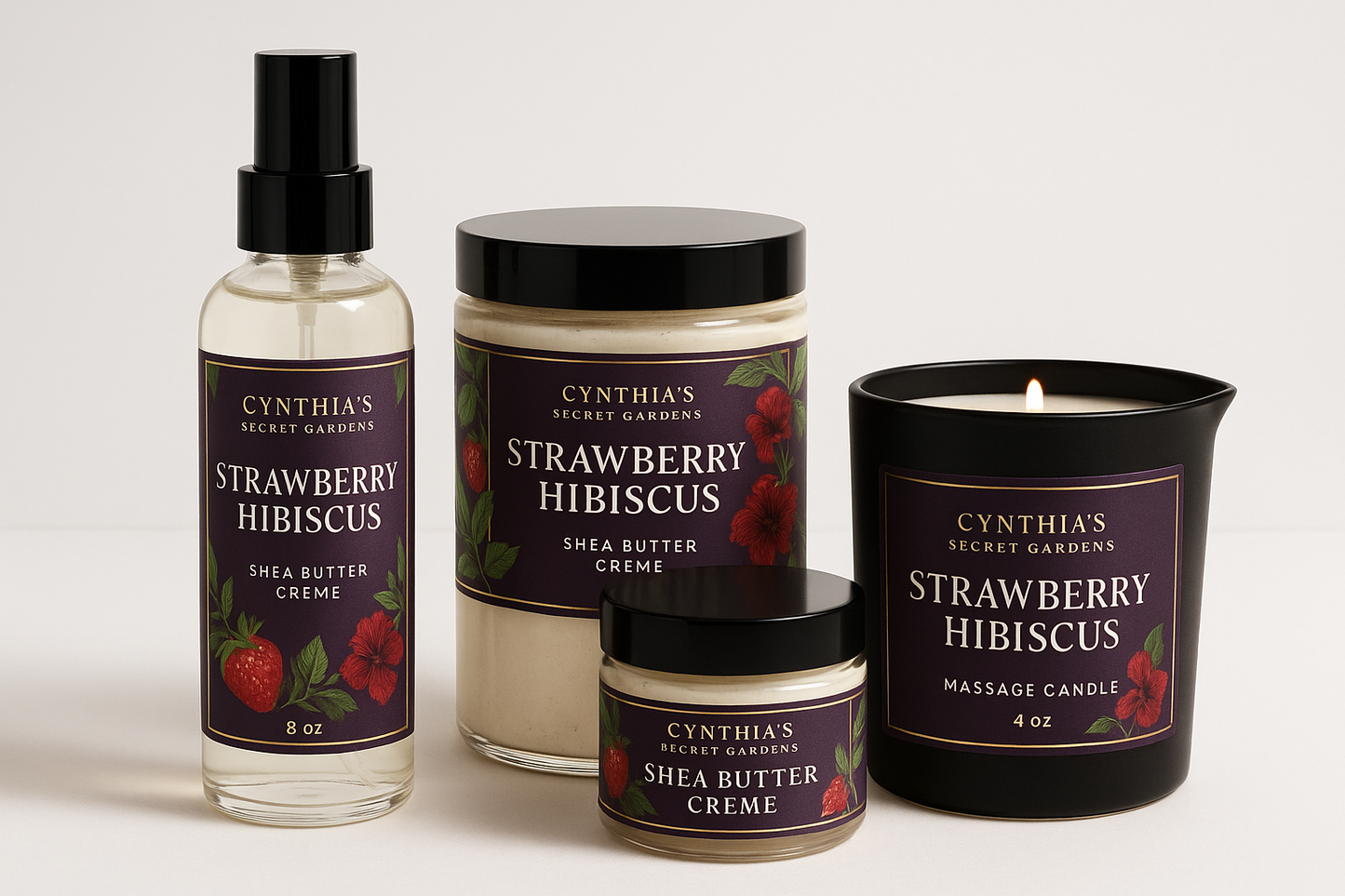Please create a strawberry hibiscus bundle collection Please create a shea butter body mist, an 8, a 4 oz shea butter creme and a massage candle All of the products should be in a clear bottles with a black top and a black massge candle All of the tops are black and be The african purple and gold logo should include green leaves and Cynthia's Secret Gardens on the label Please make the design elegant but simple