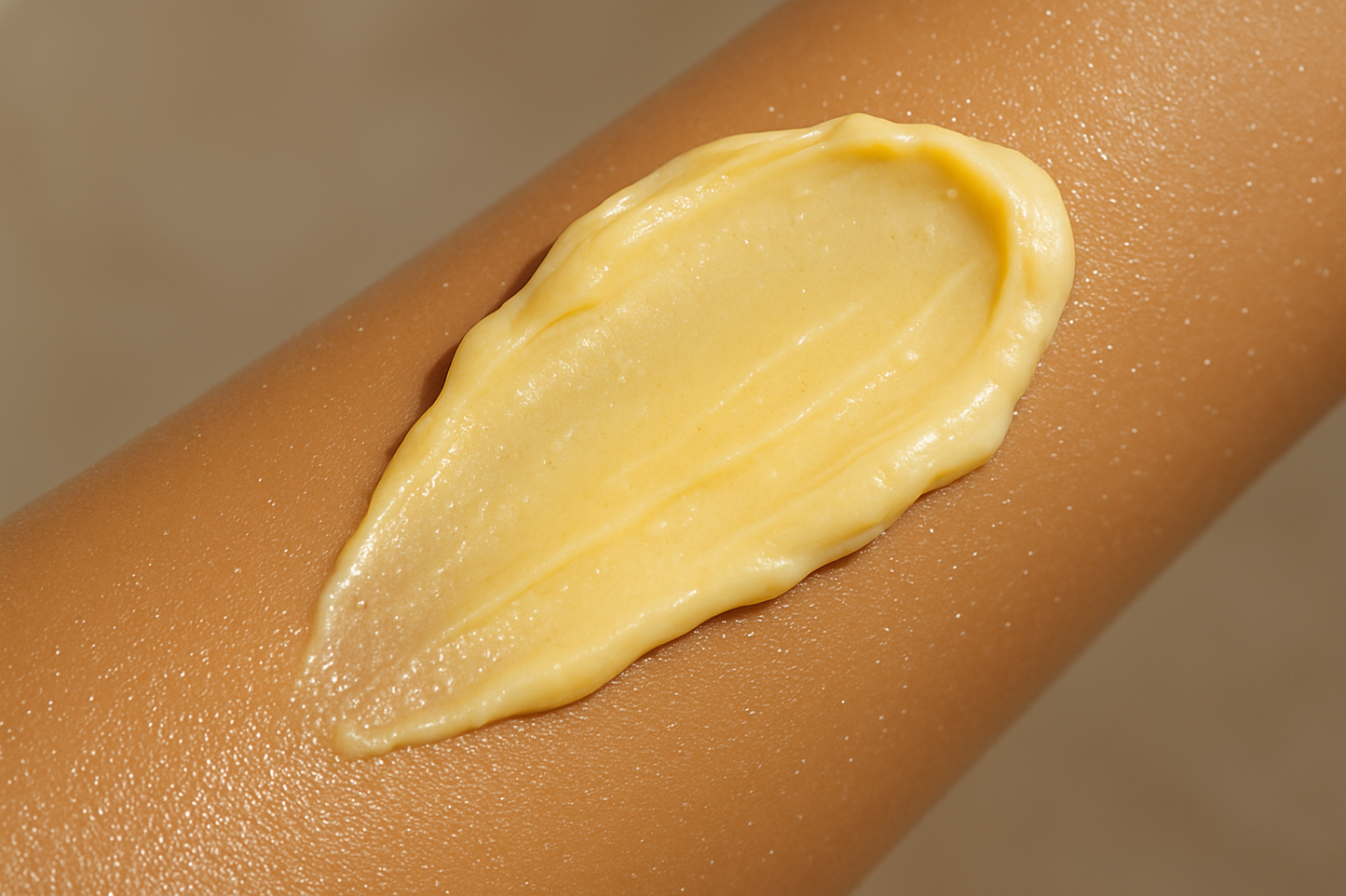 Please create s slightly yellow swipe of shea lotion Please add a glimmer of mica on the arm